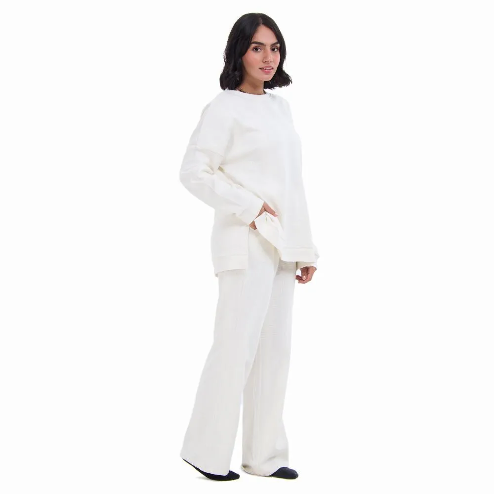 Women Winter Pajama Set Off white jacquard Oversized Sweatshirt   Pants