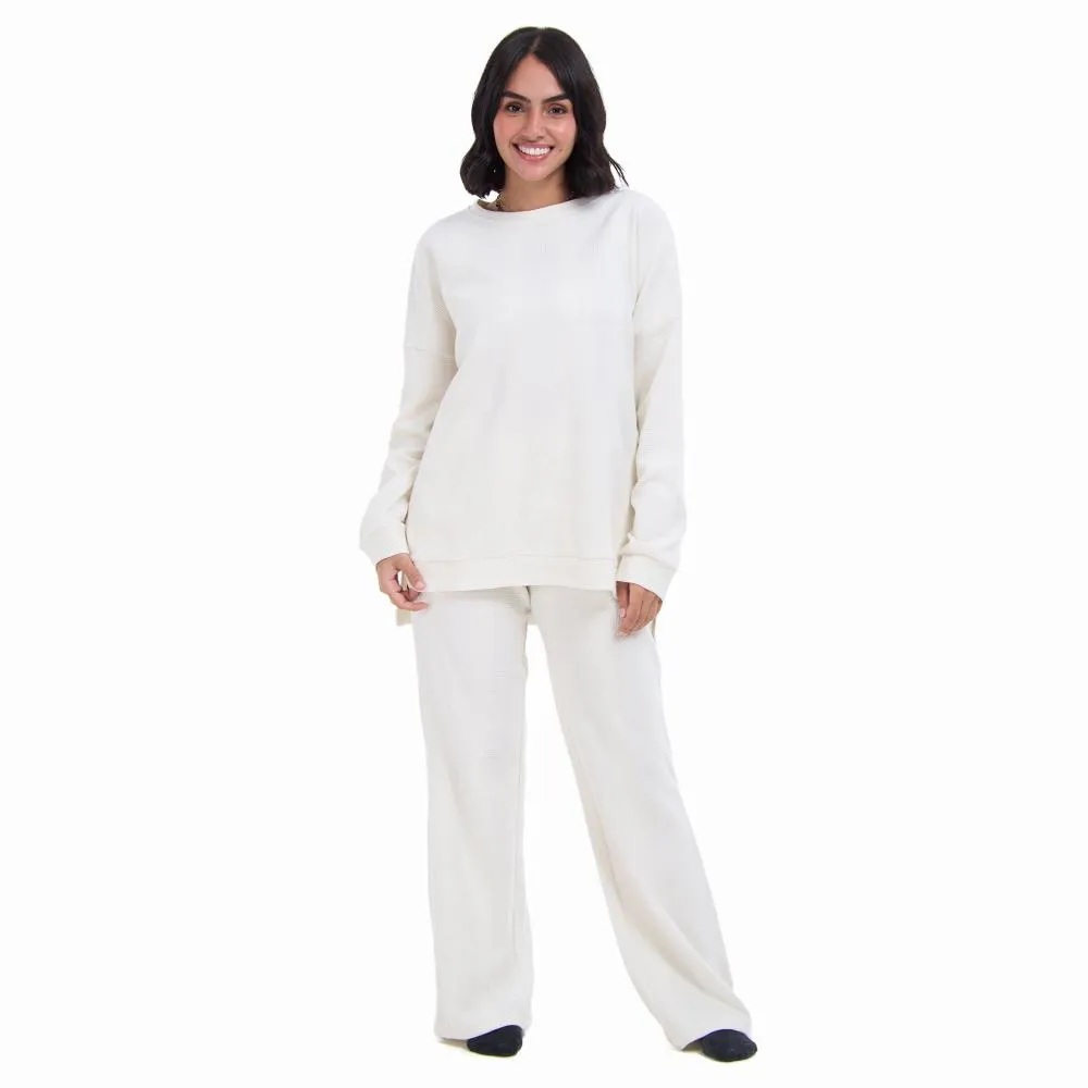 Women Winter Pajama Set Off white jacquard Oversized Sweatshirt   Pants