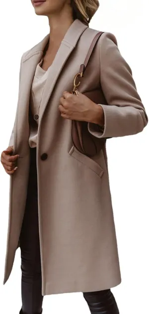 Women Winter Wool Blend Camel Mid-Long Coat Pea Coat Single-Breasted Blend Over Coats Long Jackets