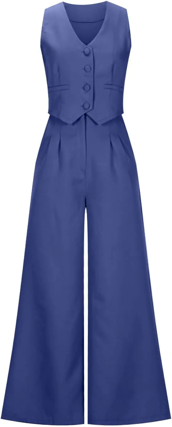 Womens 2 Piece Suit Outfits Button Waistcoat Vest Jacket and High Waist Wide Leg Pants Sleeveless V Neck Blazer Sets