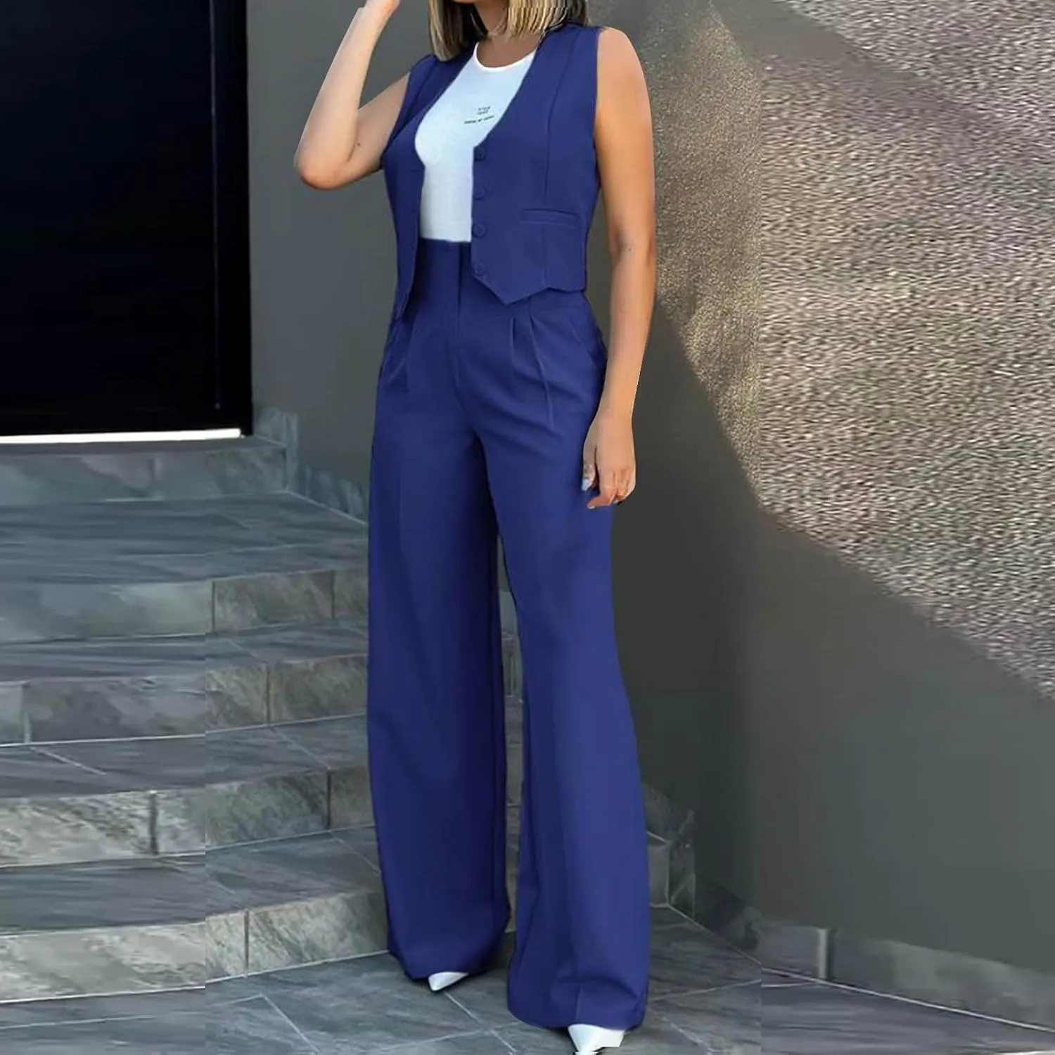 Womens 2 Piece Suit Outfits Button Waistcoat Vest Jacket and High Waist Wide Leg Pants Sleeveless V Neck Blazer Sets