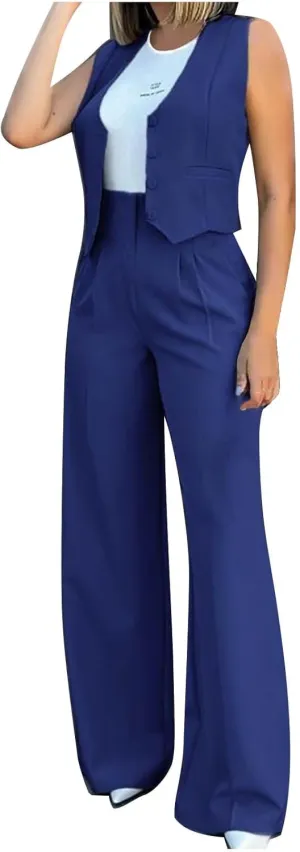 Womens 2 Piece Suit Outfits Button Waistcoat Vest Jacket and High Waist Wide Leg Pants Sleeveless V Neck Blazer Sets