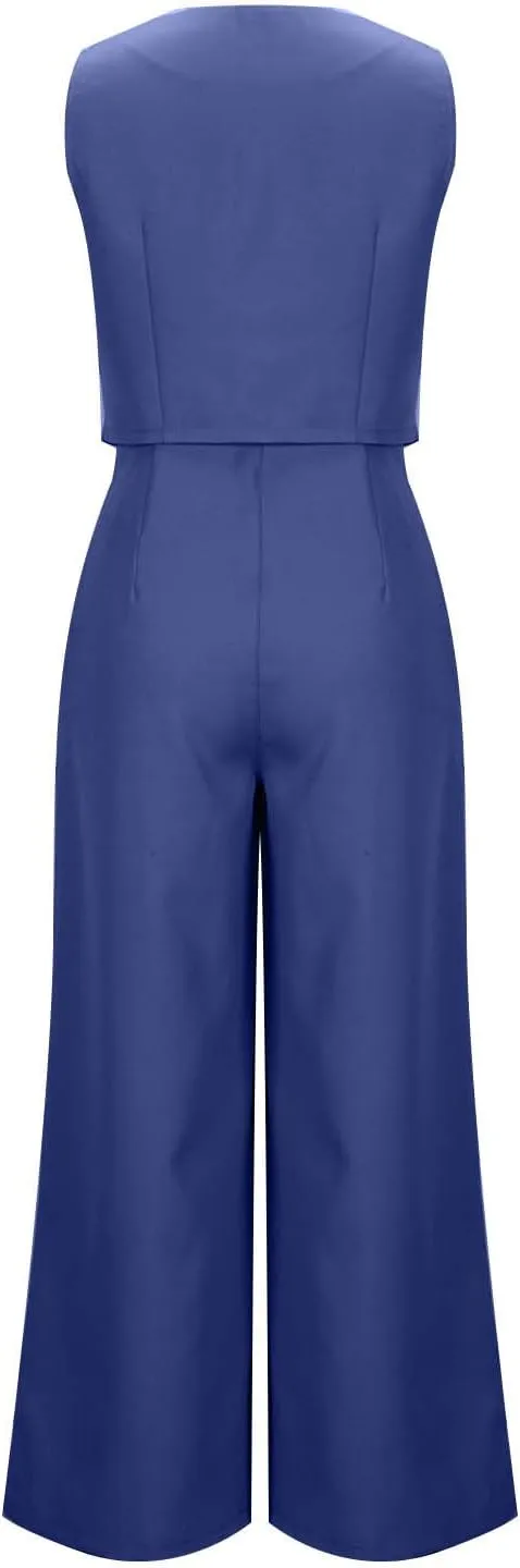 Womens 2 Piece Suit Outfits Button Waistcoat Vest Jacket and High Waist Wide Leg Pants Sleeveless V Neck Blazer Sets