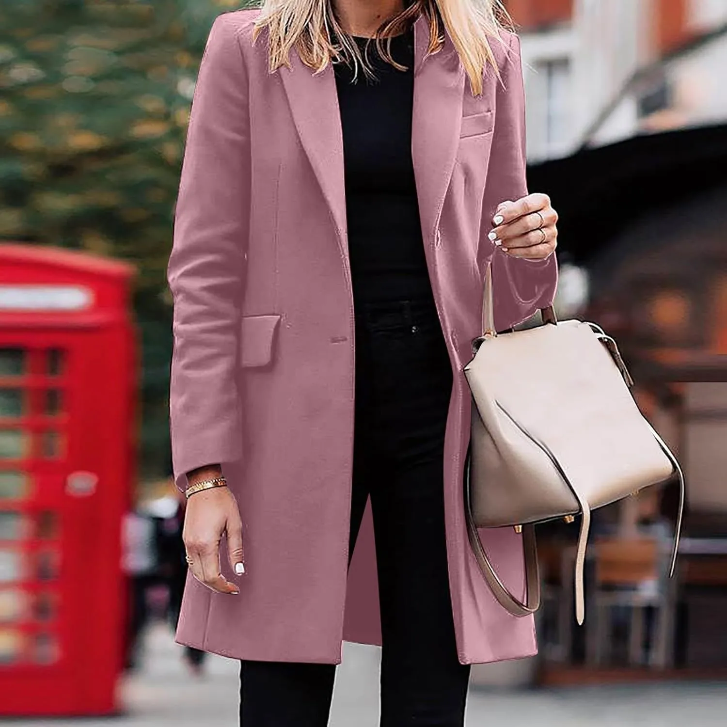 Womens Big Notch Lapel Single Breasted Pea Coats Warm Winter Wool Blend Overcoats Elegant Long Suit Jacket Blazers