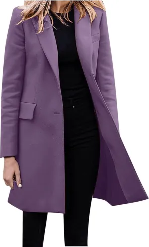 Womens Big Notch Lapel Single Breasted Pea Coats Warm Winter Wool Blend Overcoats Elegant Long Suit Jacket Blazers