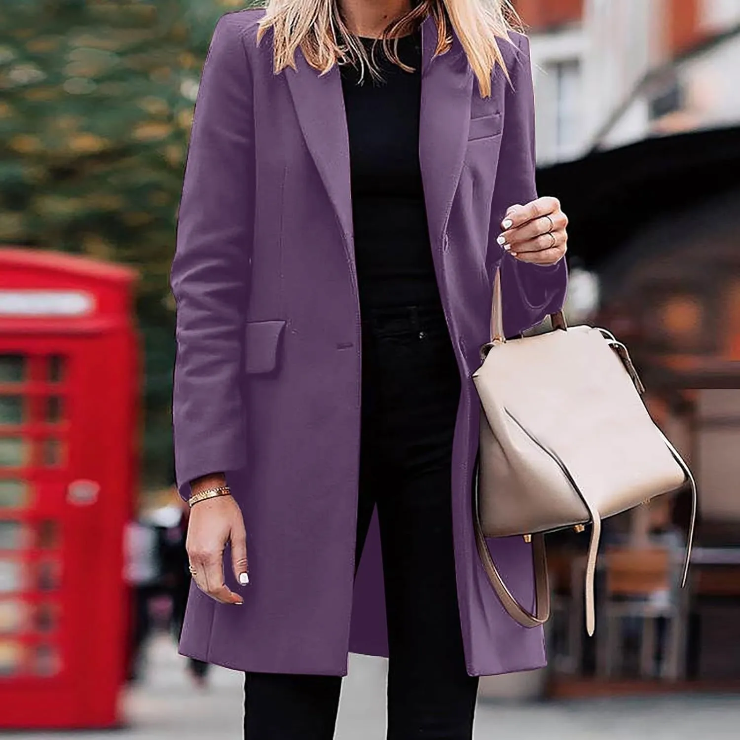 Womens Big Notch Lapel Single Breasted Pea Coats Warm Winter Wool Blend Overcoats Elegant Long Suit Jacket Blazers
