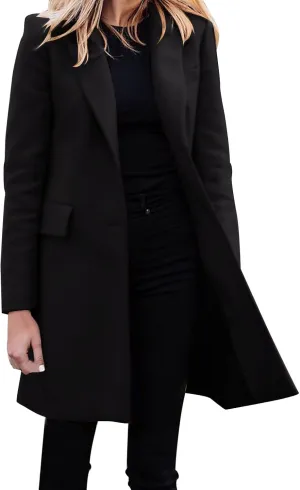 Womens Big Notch Lapel Single Breasted Pea Coats Warm Winter Wool Blend Overcoats Elegant Long Suit Jacket Blazers