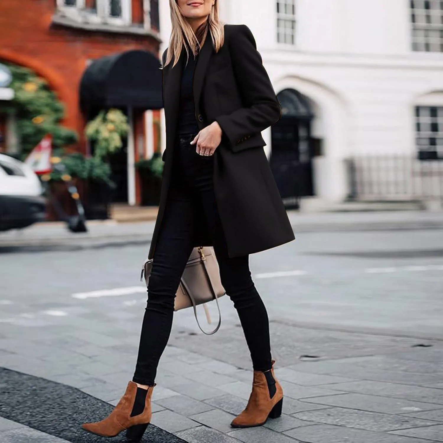 Womens Big Notch Lapel Single Breasted Pea Coats Warm Winter Wool Blend Overcoats Elegant Long Suit Jacket Blazers