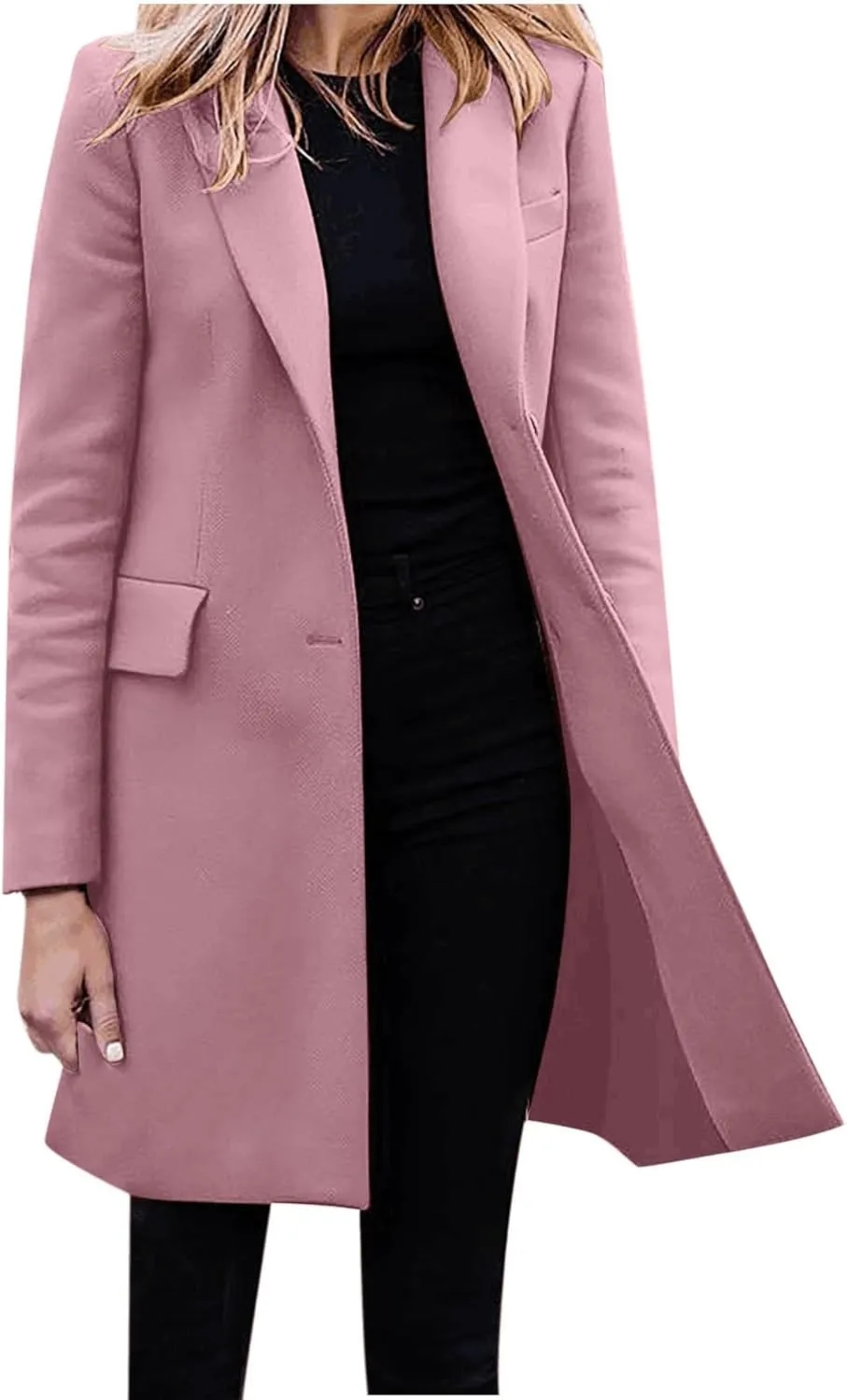 Womens Big Notch Lapel Single Breasted Pea Coats Warm Winter Wool Blend Overcoats Elegant Long Suit Jacket Blazers