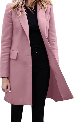 Womens Big Notch Lapel Single Breasted Pea Coats Warm Winter Wool Blend Overcoats Elegant Long Suit Jacket Blazers