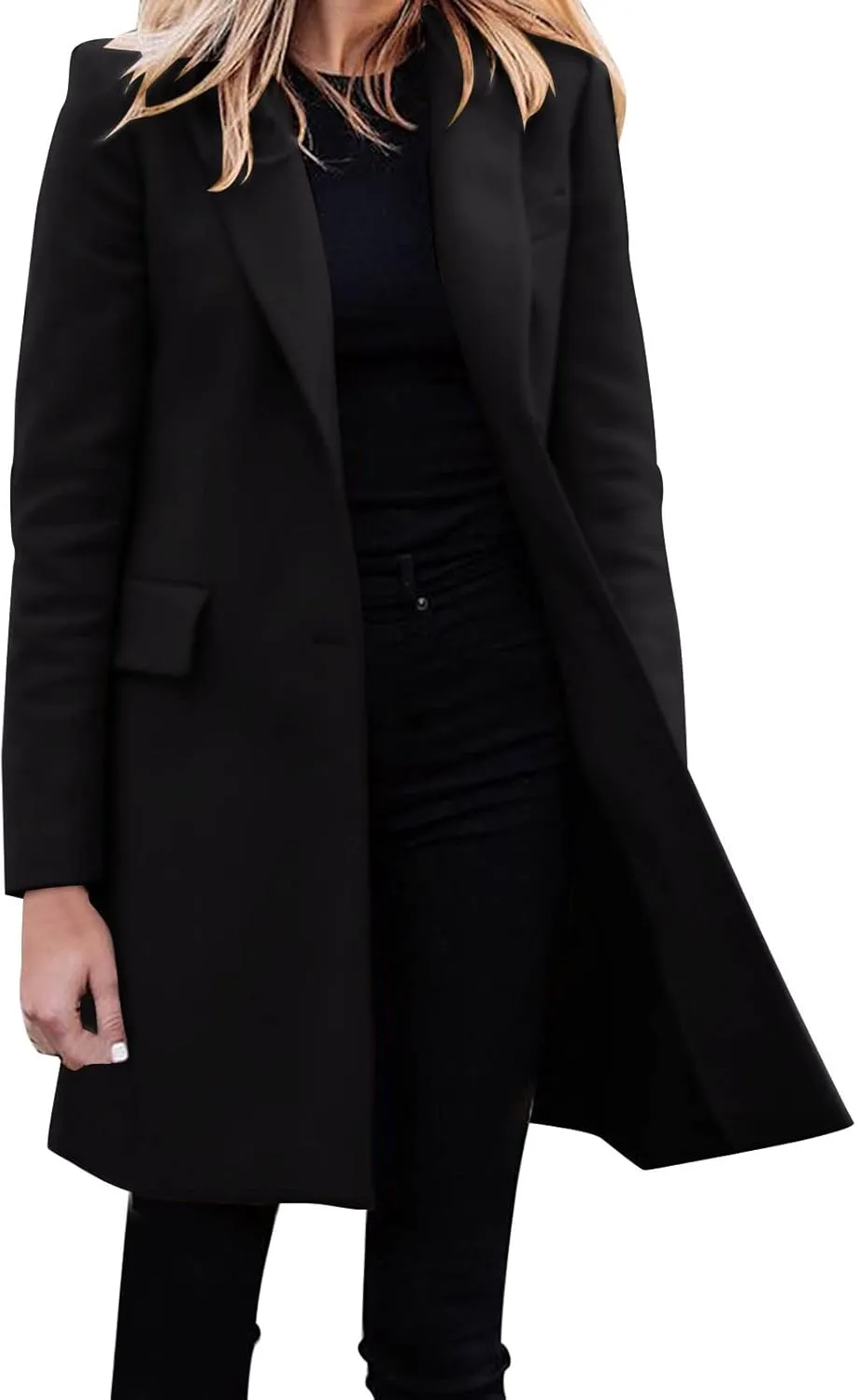 Womens Big Notch Lapel Single Breasted Pea Coats Warm Winter Wool Blend Overcoats Elegant Long Suit Jacket Blazers