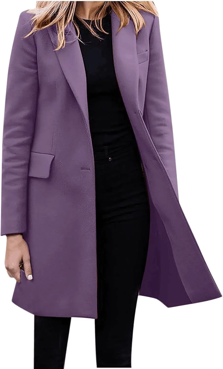 Womens Big Notch Lapel Single Breasted Pea Coats Warm Winter Wool Blend Overcoats Elegant Long Suit Jacket Blazers
