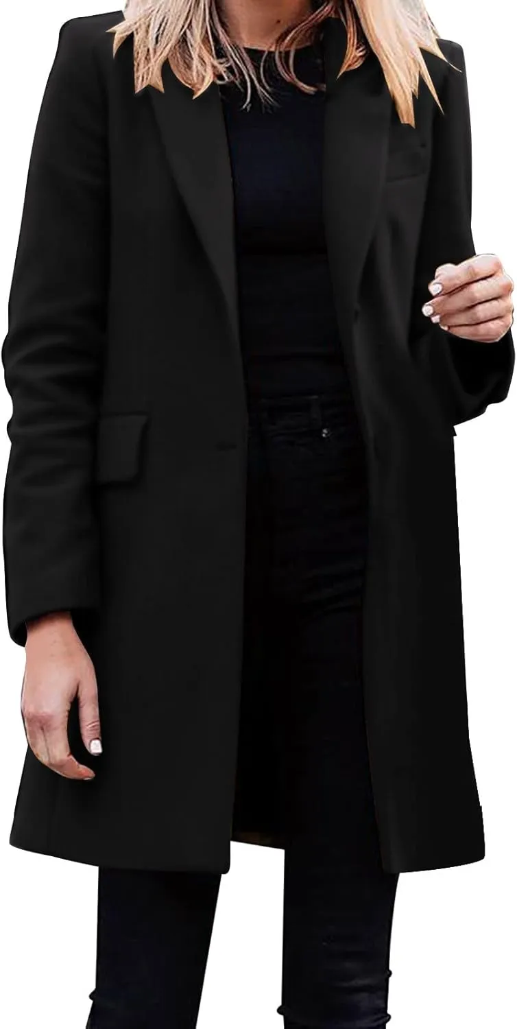 Womens Big Notch Lapel Single Breasted Pea Coats Warm Winter Wool Blend Overcoats Elegant Long Suit Jacket Blazers