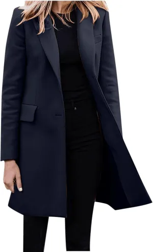 Womens Big Notch Lapel Single Breasted Pea Coats Warm Winter Wool Blend Overcoats Elegant Long Suit Jacket Blazers