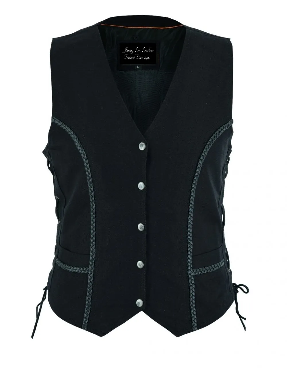 Women's Black Denim CCW Motorcycle Vest w/ Black Leather Braiding
