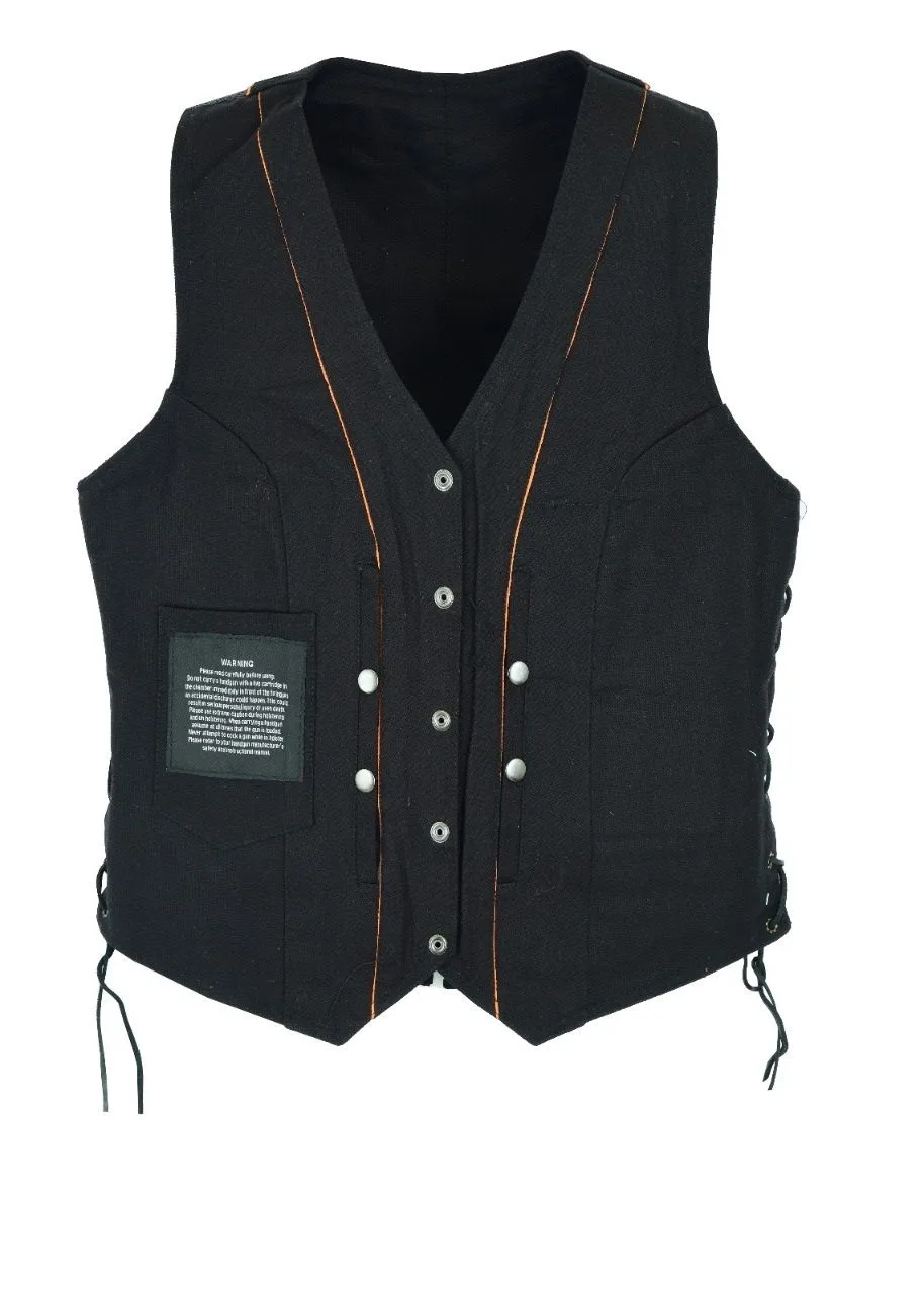 Women's Black Denim CCW Motorcycle Vest w/ Black Leather Braiding