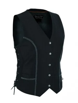 Women's Black Denim CCW Motorcycle Vest w/ Black Leather Braiding