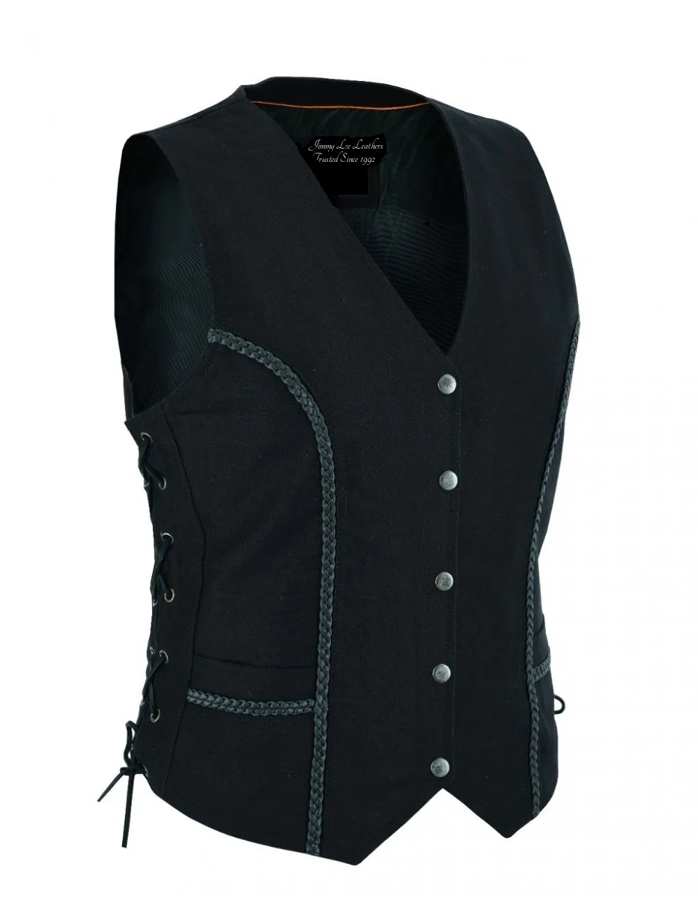Women's Black Denim CCW Motorcycle Vest w/ Black Leather Braiding