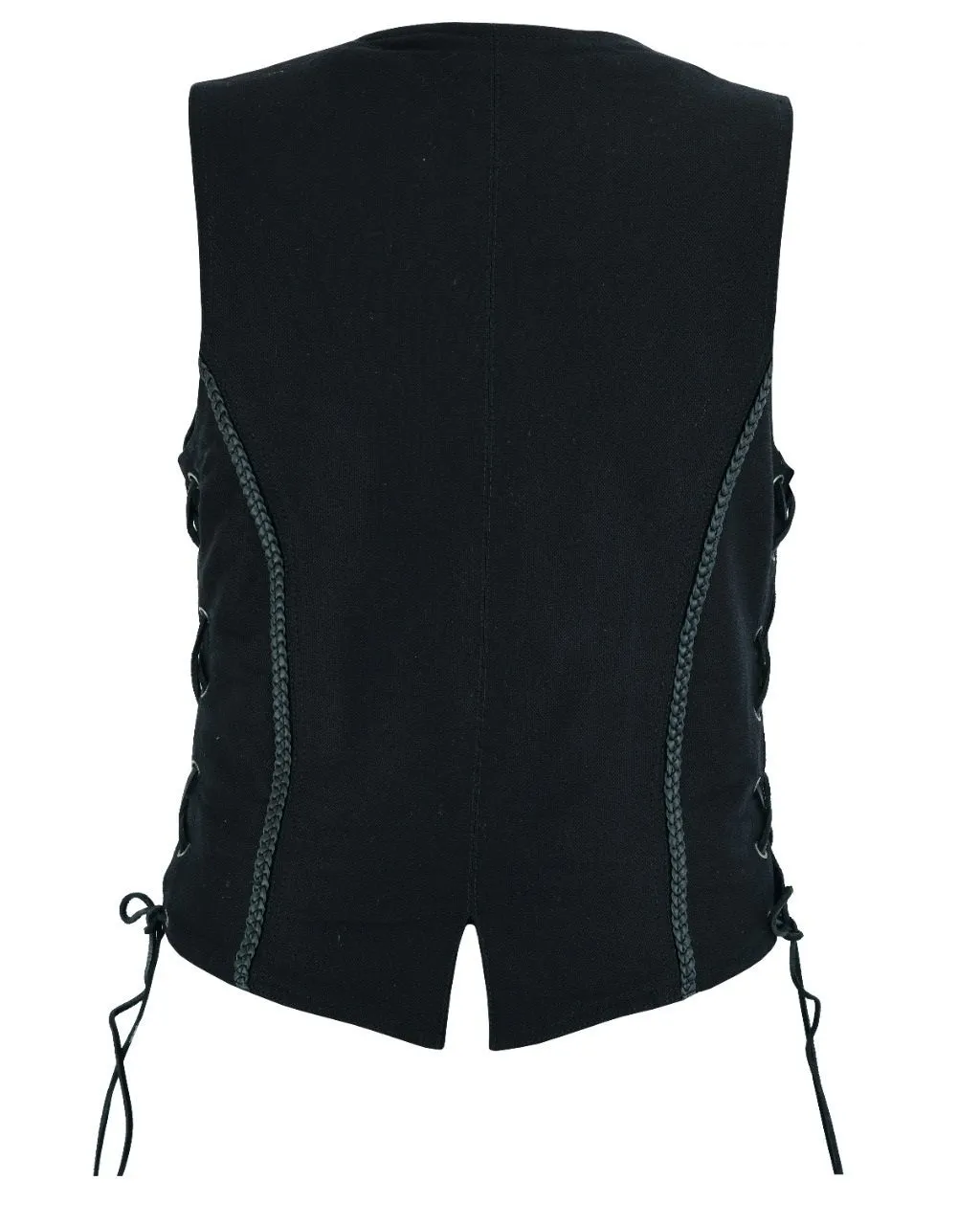 Women's Black Denim CCW Motorcycle Vest w/ Black Leather Braiding