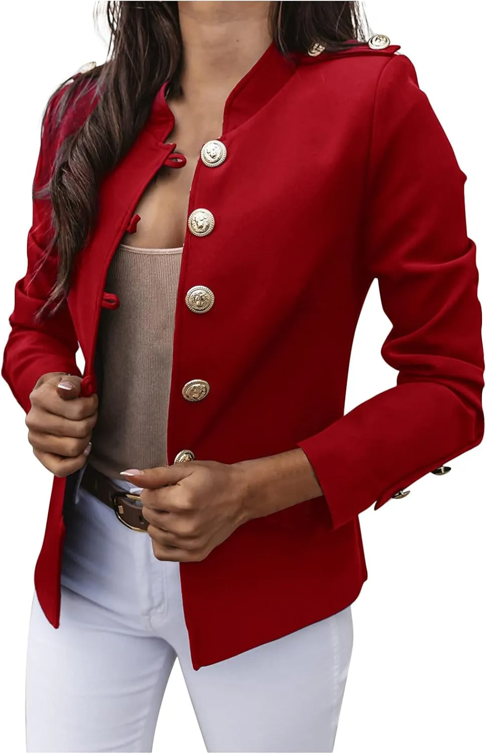 Womens Breasted Style Blazer Mock Neck Button Up Long Sleeve Suit Jacket Open Front Dressy Fitted Coat for Going Out