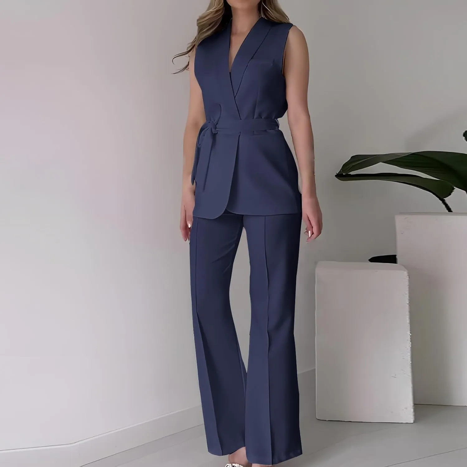 Women's Business 2 Piece Outfits Sleeveless V Neck Blazer Vest and Wide Leg Pant Sets Office Work Clothes with Belt