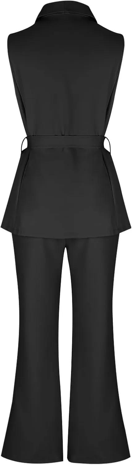 Women's Business 2 Piece Outfits Sleeveless V Neck Blazer Vest and Wide Leg Pant Sets Office Work Clothes with Belt