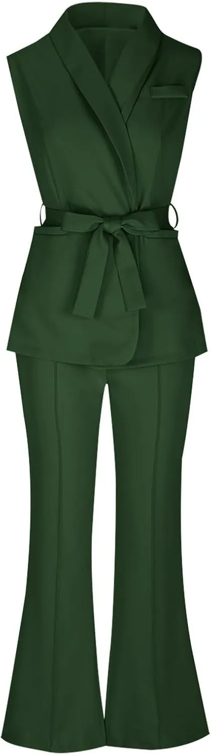 Women's Business 2 Piece Outfits Sleeveless V Neck Blazer Vest and Wide Leg Pant Sets Office Work Clothes with Belt