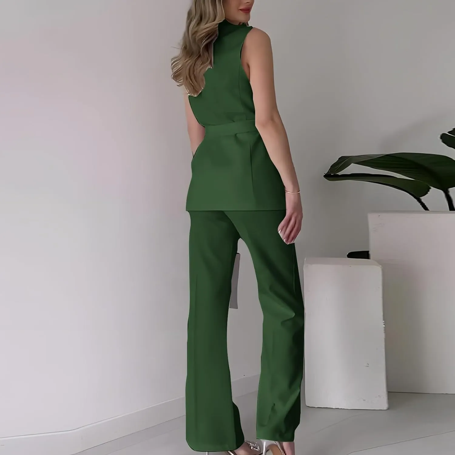 Women's Business 2 Piece Outfits Sleeveless V Neck Blazer Vest and Wide Leg Pant Sets Office Work Clothes with Belt