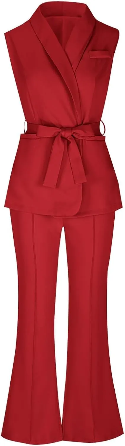 Women's Business 2 Piece Outfits Sleeveless V Neck Blazer Vest and Wide Leg Pant Sets Office Work Clothes with Belt