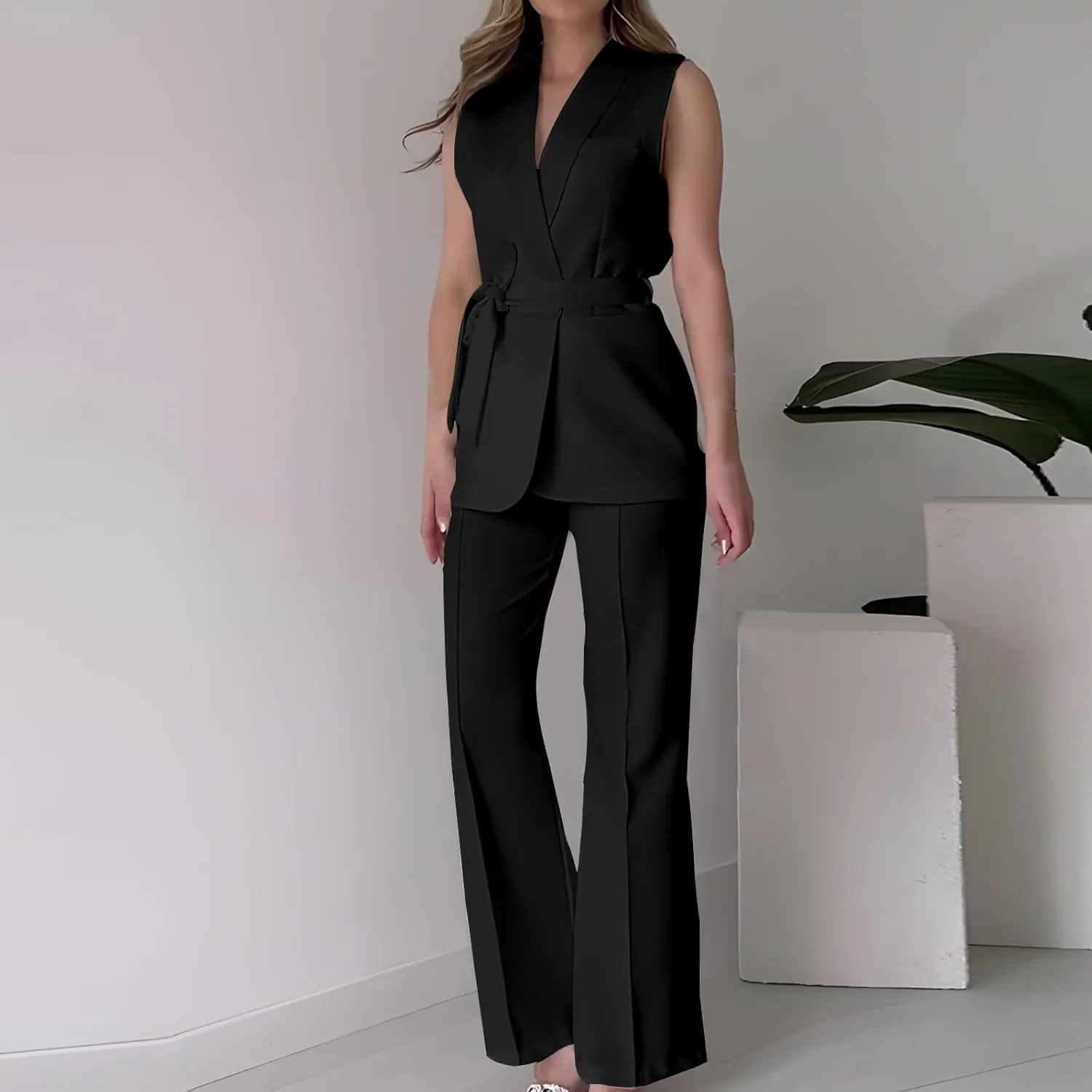 Women's Business 2 Piece Outfits Sleeveless V Neck Blazer Vest and Wide Leg Pant Sets Office Work Clothes with Belt