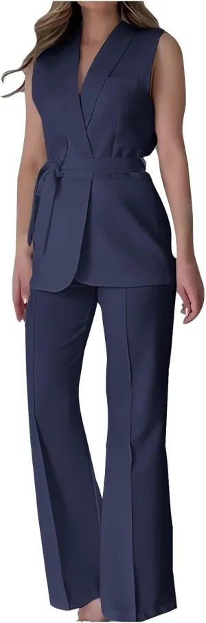 Women's Business 2 Piece Outfits Sleeveless V Neck Blazer Vest and Wide Leg Pant Sets Office Work Clothes with Belt