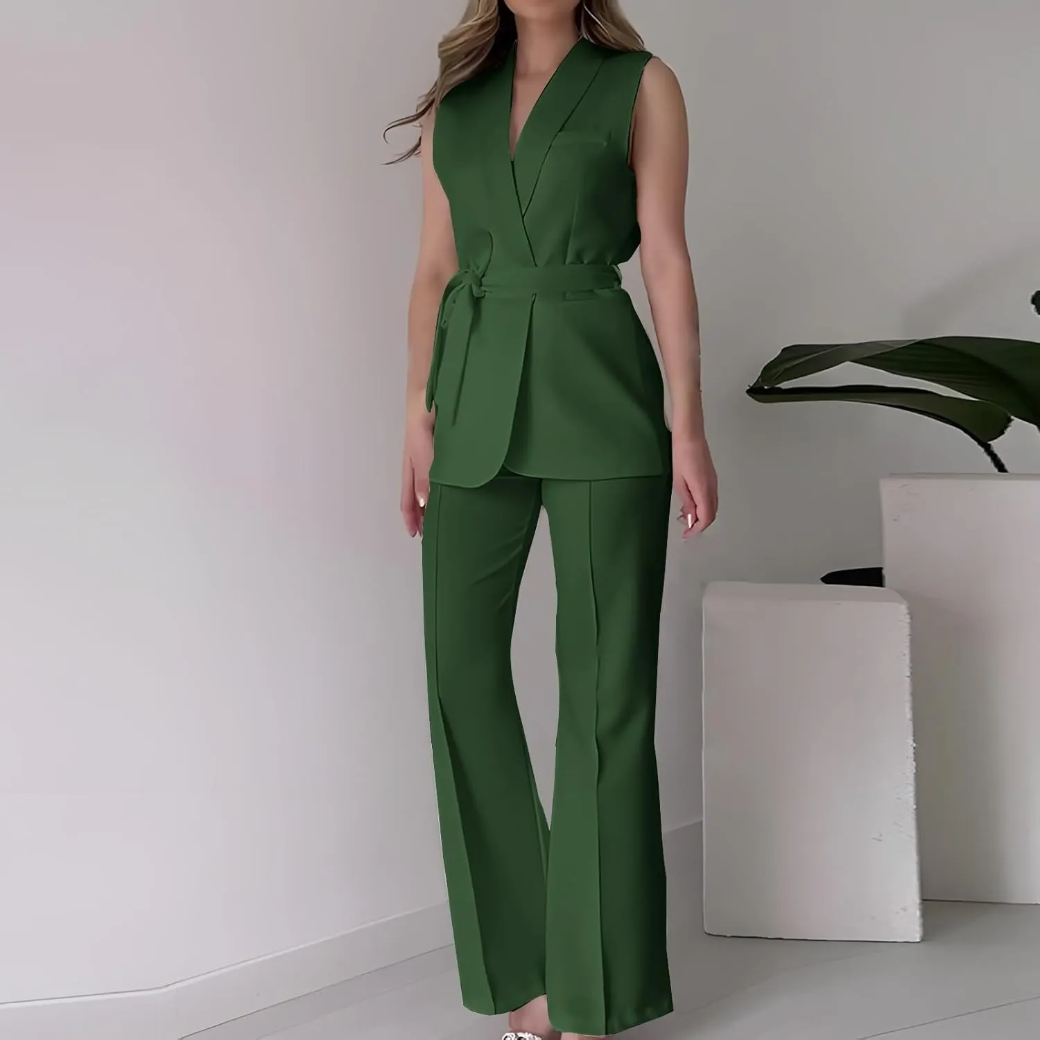 Women's Business 2 Piece Outfits Sleeveless V Neck Blazer Vest and Wide Leg Pant Sets Office Work Clothes with Belt