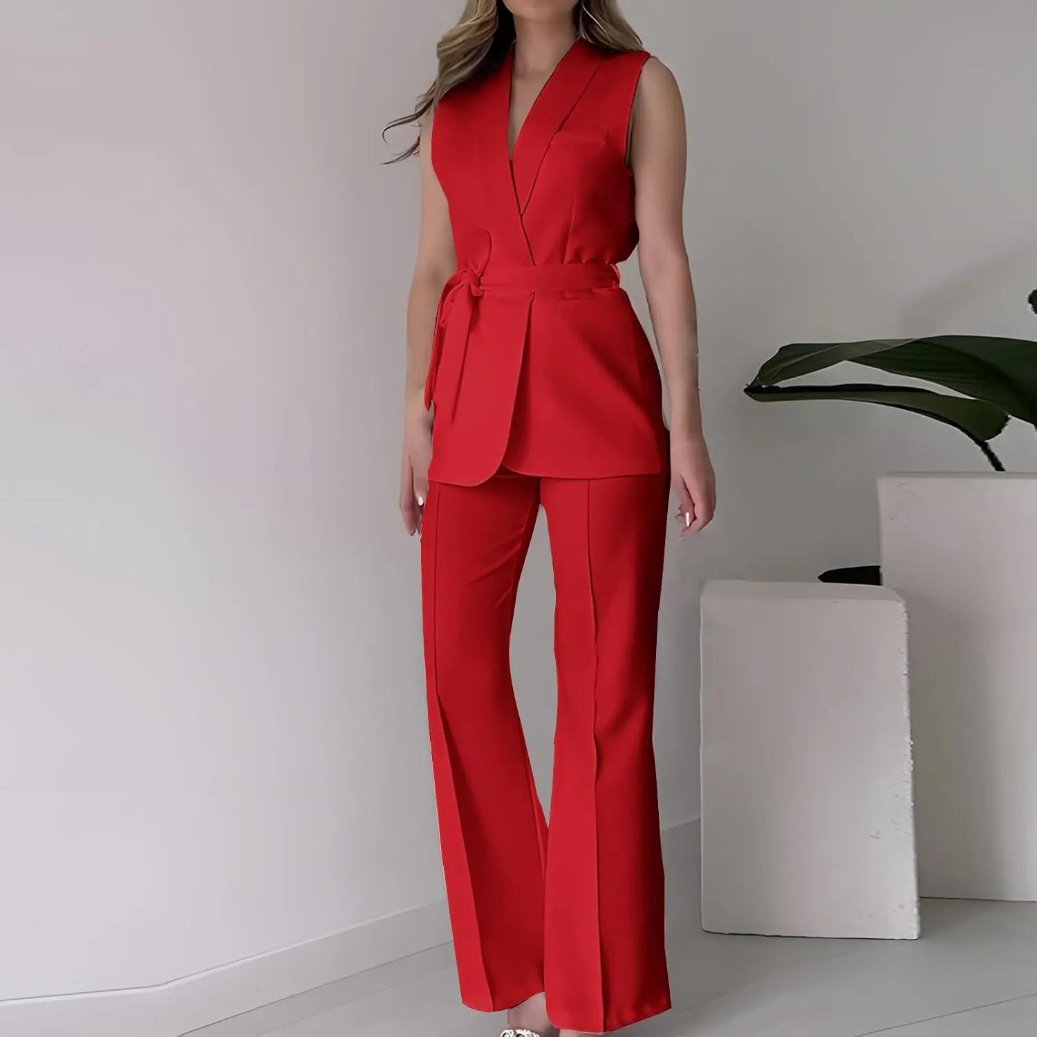 Women's Business 2 Piece Outfits Sleeveless V Neck Blazer Vest and Wide Leg Pant Sets Office Work Clothes with Belt