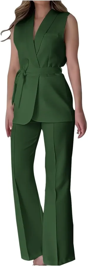Women's Business 2 Piece Outfits Sleeveless V Neck Blazer Vest and Wide Leg Pant Sets Office Work Clothes with Belt