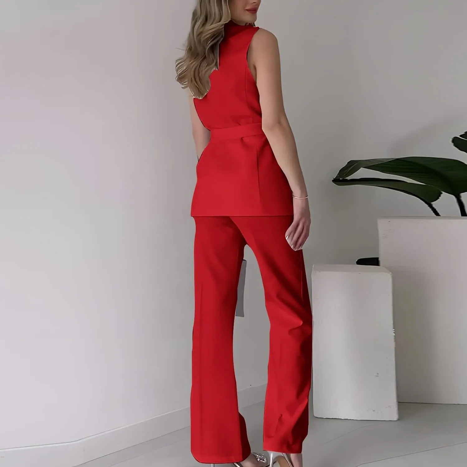 Women's Business 2 Piece Outfits Sleeveless V Neck Blazer Vest and Wide Leg Pant Sets Office Work Clothes with Belt