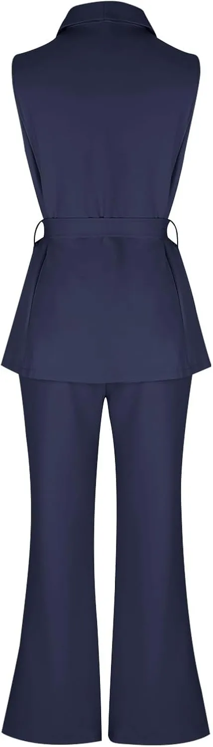 Women's Business 2 Piece Outfits Sleeveless V Neck Blazer Vest and Wide Leg Pant Sets Office Work Clothes with Belt