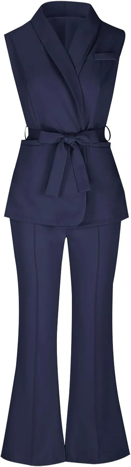 Women's Business 2 Piece Outfits Sleeveless V Neck Blazer Vest and Wide Leg Pant Sets Office Work Clothes with Belt