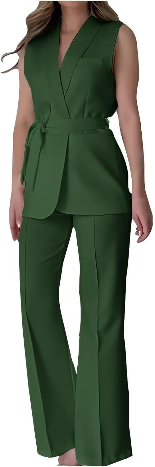 Women's Business 2 Piece Outfits Sleeveless V Neck Blazer Vest and Wide Leg Pant Sets Office Work Clothes with Belt
