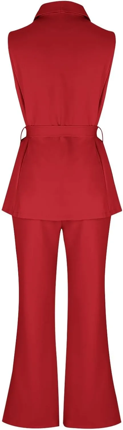 Women's Business 2 Piece Outfits Sleeveless V Neck Blazer Vest and Wide Leg Pant Sets Office Work Clothes with Belt