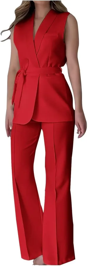 Women's Business 2 Piece Outfits Sleeveless V Neck Blazer Vest and Wide Leg Pant Sets Office Work Clothes with Belt