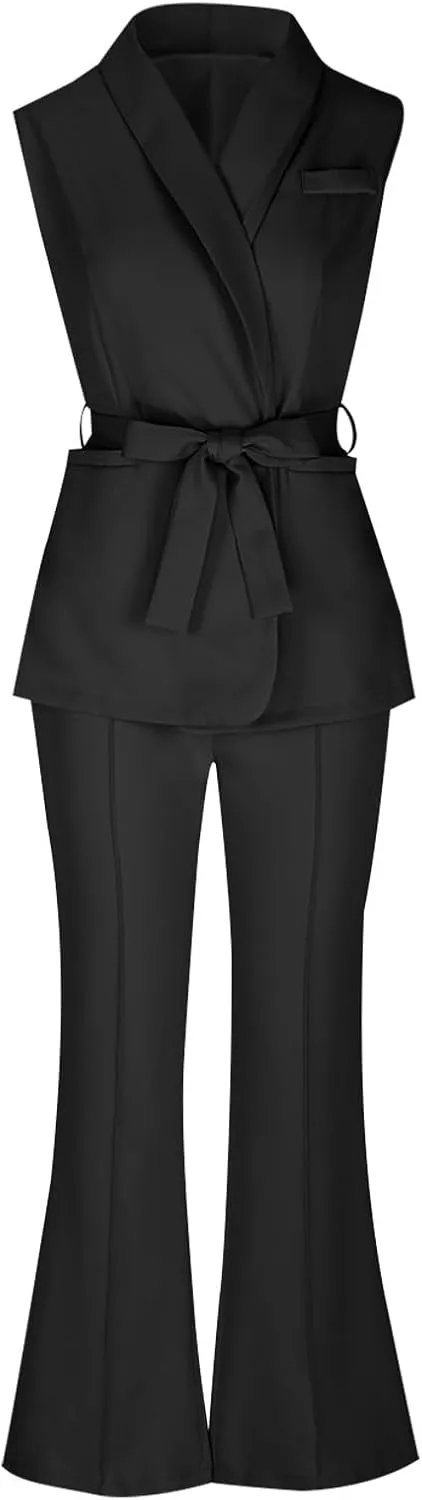 Women's Business 2 Piece Outfits Sleeveless V Neck Blazer Vest and Wide Leg Pant Sets Office Work Clothes with Belt