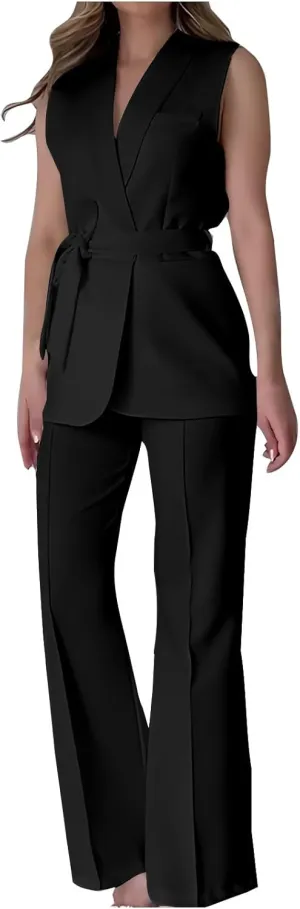 Women's Business 2 Piece Outfits Sleeveless V Neck Blazer Vest and Wide Leg Pant Sets Office Work Clothes with Belt