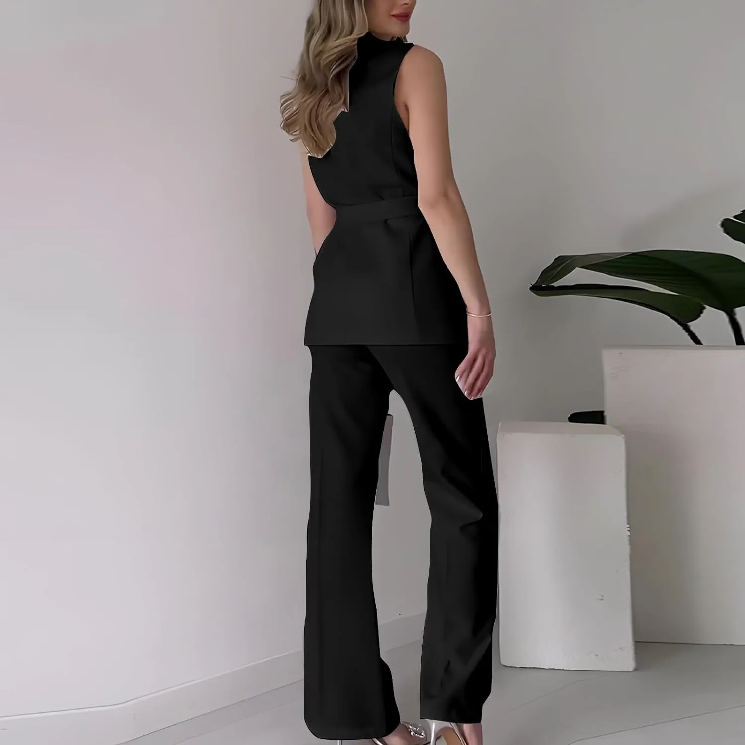 Women's Business 2 Piece Outfits Sleeveless V Neck Blazer Vest and Wide Leg Pant Sets Office Work Clothes with Belt