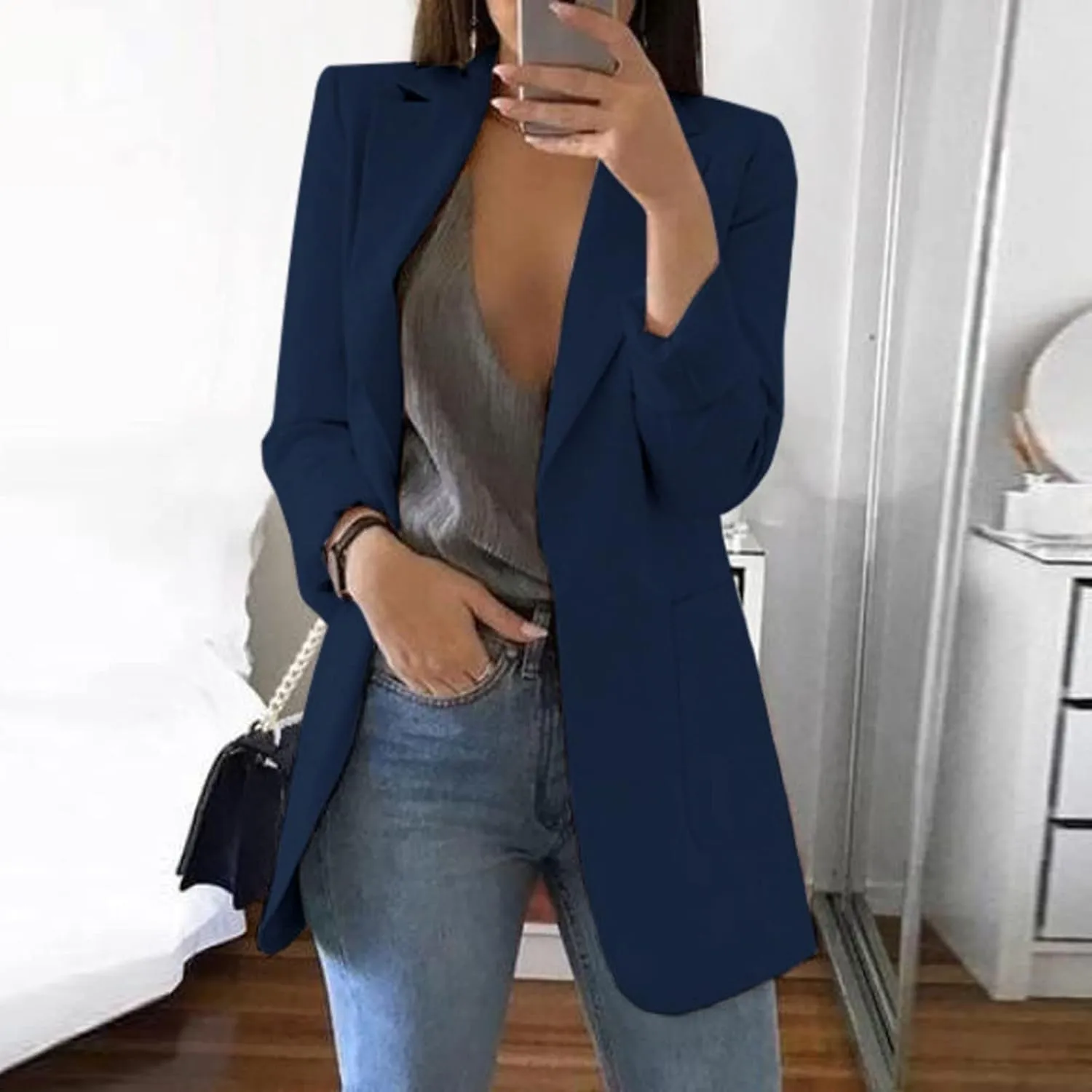 Womens Casual Long Sleeve Work Office Solid Open Front Blazer Jacket Elegant Cardigan Coat