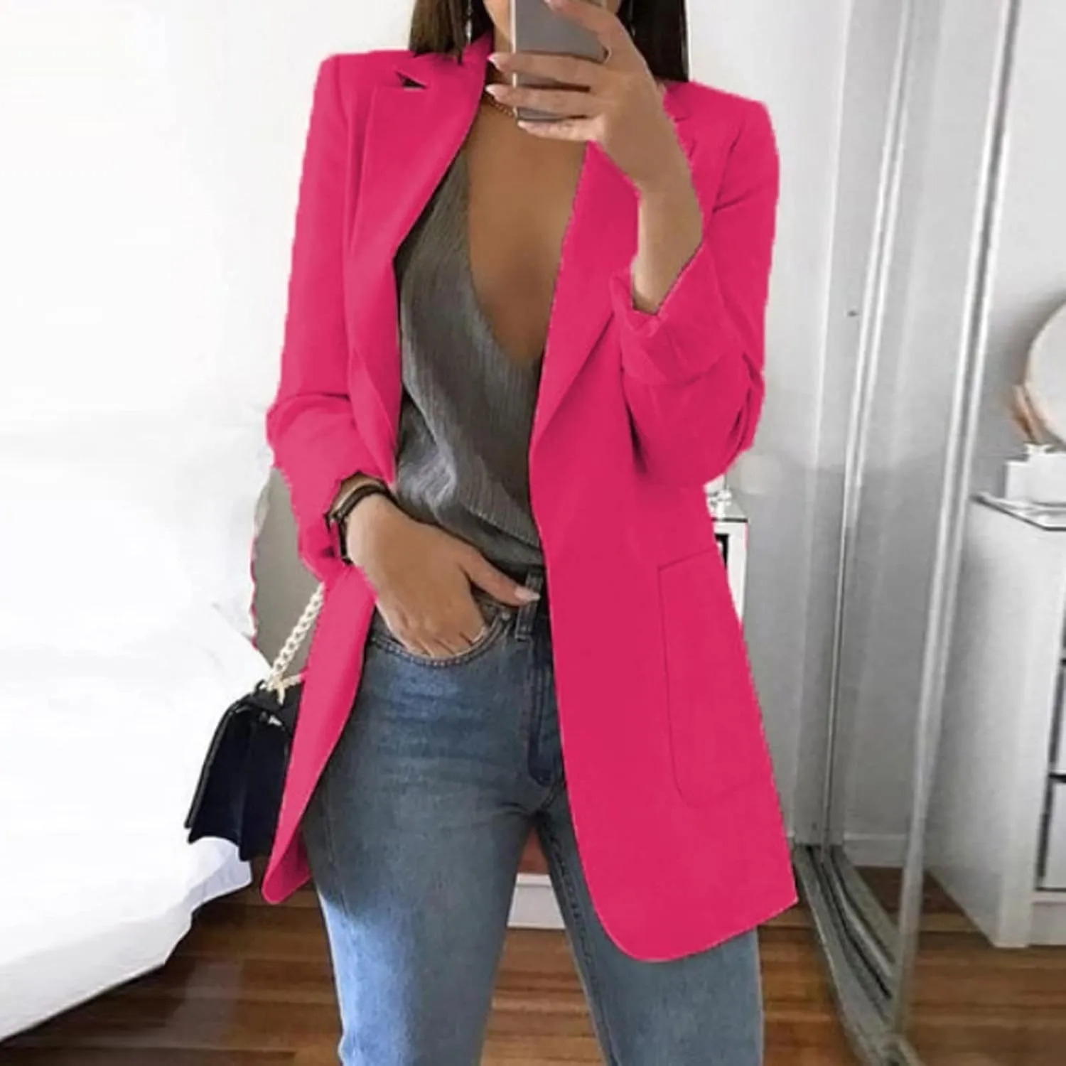 Womens Casual Long Sleeve Work Office Solid Open Front Blazer Jacket Elegant Cardigan Coat