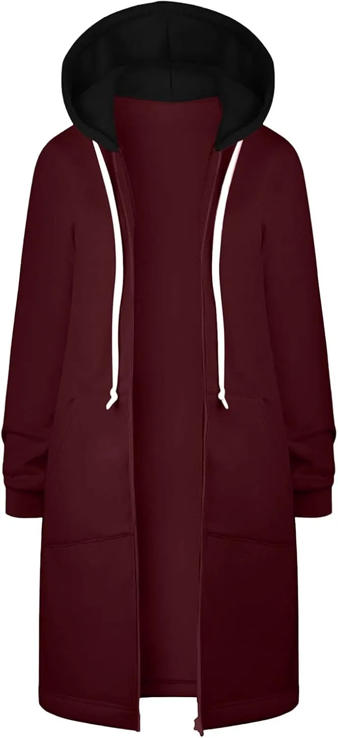 Womens Classic Coat Pocket Zipper Hoodies Sweatshirt Long Solid Color Coat Jacket Causal Fashion Top Casual Notch