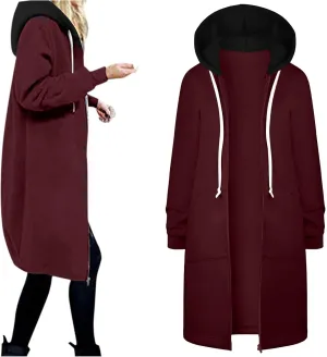 Womens Classic Coat Pocket Zipper Hoodies Sweatshirt Long Solid Color Coat Jacket Causal Fashion Top Casual Notch