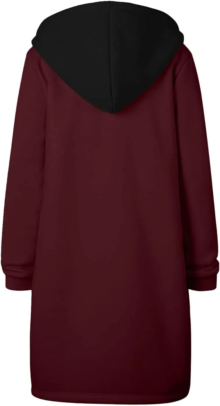 Womens Classic Coat Pocket Zipper Hoodies Sweatshirt Long Solid Color Coat Jacket Causal Fashion Top Casual Notch