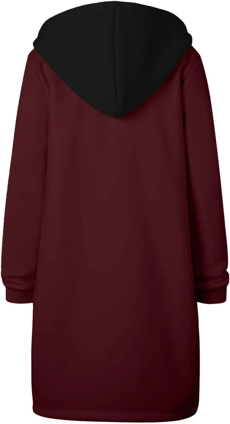 Womens Classic Coat Pocket Zipper Hoodies Sweatshirt Long Solid Color Coat Jacket Causal Fashion Top Casual Notch