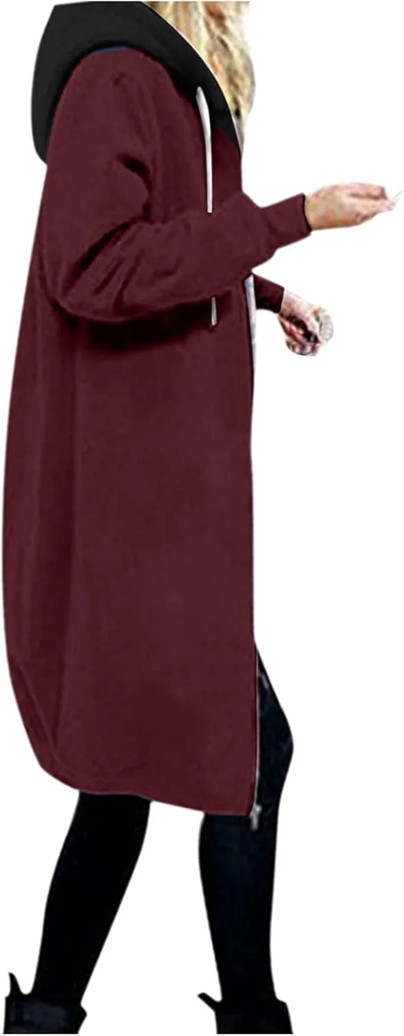 Womens Classic Coat Pocket Zipper Hoodies Sweatshirt Long Solid Color Coat Jacket Causal Fashion Top Casual Notch